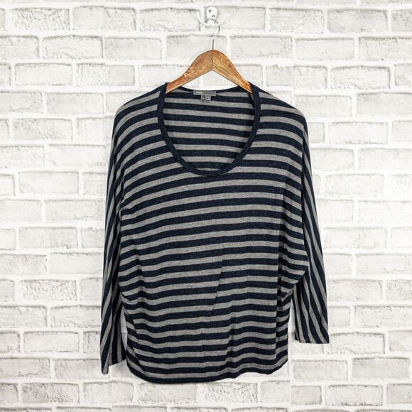 VINCE Large Scoop Neck Dolman Sleeve Pullover Blouse Gray Navy Stripe - Picture 6 of 8